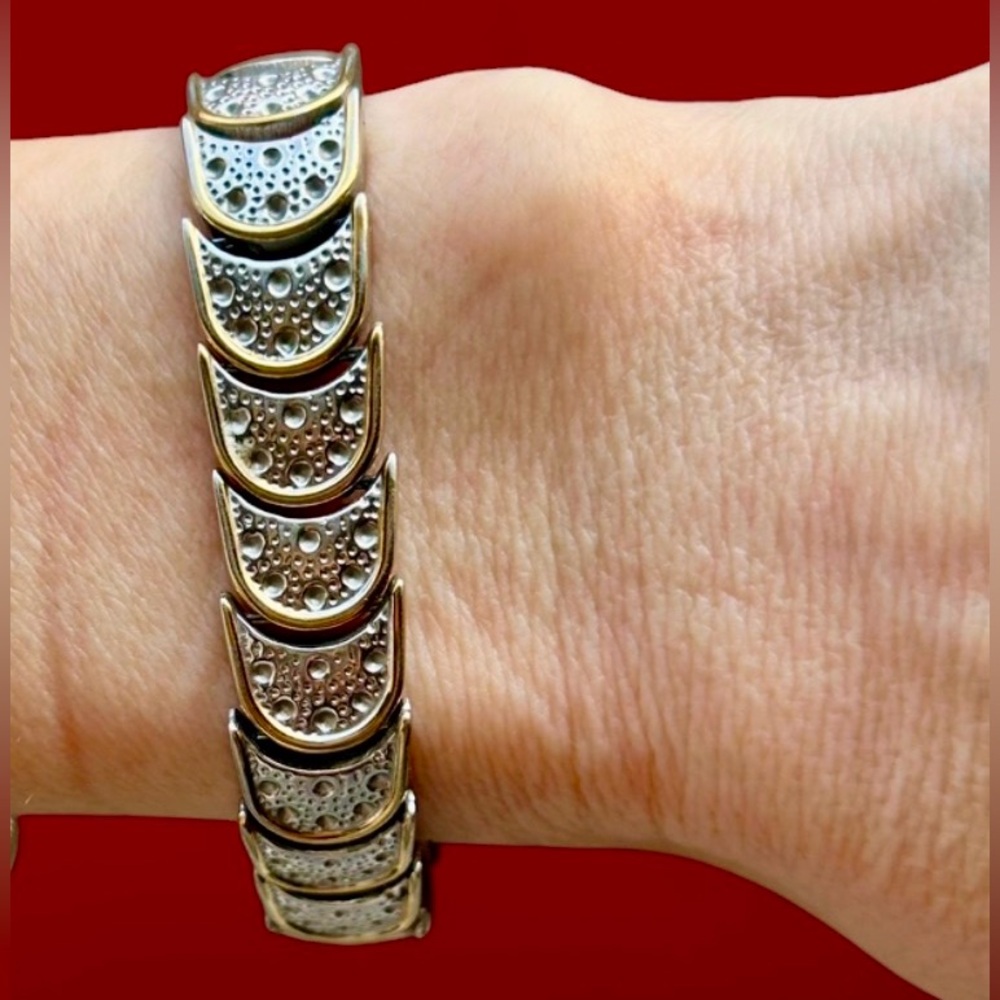 Unique Vtg Art Deco Two-Tone Stainless Steel Link Bracelet